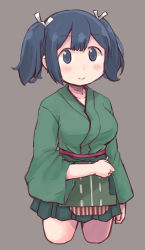 Rule 34 | 1girl, blue eyes, blush, breasts, cropped legs, es (eisis), flight deck, green hakama, green kimono, grey background, hair ribbon, hakama, hakama skirt, highres, japanese clothes, kantai collection, kimono, large breasts, looking at viewer, ribbon, simple background, skirt, smile, solo, souryuu (kancolle), twintails, white ribbon, wide sleeves
