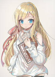 Rule 34 | 1girl, absurdres, arm behind back, bare shoulders, blonde hair, blue eyes, book, choker, closed mouth, clothing cutout, commentary request, cowboy shot, eyelashes, final fantasy, final fantasy xiv, fishgolden, forehead, hair over shoulder, hair ribbon, hand up, highres, holding, holding book, light blush, long hair, long sleeves, looking at viewer, minfilia warde, off shoulder, parted bangs, ribbon, single thighhigh, smile, thigh gap, thighhighs, white background, white choker, wide sleeves