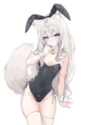 Rule 34 | 1girl, absurdres, animal ears, arm support, bare shoulders, black leotard, blush, breasts, breasts apart, cat ears, cat girl, cat tail, closed mouth, collarbone, cowboy shot, crotch seam, cweamcat, detached collar, fake animal ears, gluteal fold, grey hair, hand up, hashtag only commentary, head tilt, highleg, highleg leotard, highres, indie virtual youtuber, iomaaki, legs together, leotard, long hair, looking at viewer, medium breasts, playboy bunny, purple eyes, rabbit ears, solo, straight hair, tail, thigh gap, thighhighs, thighs, virtual youtuber, white background, white thighhighs, white wrist cuffs, wrist cuffs