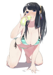 Rule 34 | 1girl, bad id, bad pixiv id, bare arms, bare legs, barefoot, beijuu, bikini, black hair, blue eyes, blush, breasts, cleavage, drinking, foreshortening, full body, green bikini, hair ornament, highres, kneeling, krt girls, large breasts, long hair, looking at viewer, one side up, side-tie bikini bottom, simple background, solo, swimsuit, thighs, wet, white background, xiao qiong