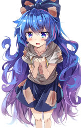 Rule 34 | 1girl, blue eyes, blue hair, blue skirt, blush, bow, crying, crying with eyes open, debt, e.o., hair bow, hands on own chest, highres, hood, hoodie, long hair, looking at viewer, open mouth, simple background, skirt, solo, tears, touhou, very long hair, white background, yorigami shion