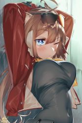 Rule 34 | 1girl, ;&lt;, aciddrop (arknights), ahoge, arknights, armpit peek, arms behind head, arms up, bandaid, bandaid on face, black shirt, blew andwhite, blue eyes, blush, breasts, brown hair, closed mouth, covered navel, dated, eyewear on head, feather hair, highres, large breasts, long hair, motion lines, necktie, shirt, signature, solo, sunglasses, taut clothes, taut shirt, upper body, yellow necktie