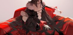 Rule 34 | 1girl, black choker, black dress, breasts, brown hair, center opening, choker, closed mouth, collarbone, commentary, couch, dress, elbow rest, fate/grand order, fate (series), fur-trimmed jacket, fur collar, fur trim, groin, hair over one eye, half-closed eyes, jacket, jewelry, legs together, long hair, looking at viewer, medium breasts, navel, nine (liuyuhao1992), open clothes, red eyes, revealing clothes, sidelocks, sitting, solo, stomach, symbol-only commentary, twisted torso, very long hair, yu mei-ren (fate)