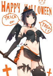 Rule 34 | 1girl, aoyama sumika, bat wings, black gloves, black hair, black thighhighs, blush, breasts, brown eyes, choker, cleavage, coffee-kizoku, commentary request, corset, cross-laced clothes, cross-laced top, elbow gloves, garter straps, gloves, halloween, happy halloween, hat, highres, looking at viewer, microskirt, mini hat, navel, original, short hair, single thighhigh, skirt, small breasts, solo, thigh strap, thighhighs, torn clothes, torn thighhighs, trick or treat, wings, witch hat
