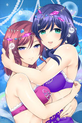 Rule 34 | 2girls, arm around back, arms around neck, arms around waist, blush, bra, breasts, closed mouth, green eyes, hair ornament, highres, hug, jewelry, large breasts, lingerie, long hair, looking at viewer, love live!, love live! school idol festival, love live! school idol project, low twintails, medium breasts, miyamoto rizu, multiple girls, nishikino maki, open mouth, purple eyes, purple hair, red hair, short hair, smile, tojo nozomi, twintails, underwear, yuri