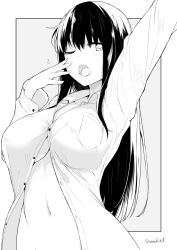 Rule 34 | black hair, blouse, breasts, greyscale, kichihachi, large breasts, long hair, monochrome, open clothes, open shirt, original, shirt, simple background, solo, tagme