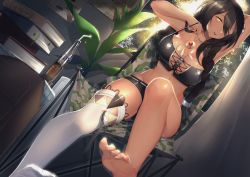 Rule 34 | 1girl, absurdres, arm behind head, arm up, azur lane, black hair, black shorts, book, book stack, braid, breasts, camouflage, chair, cleavage, crop top, cross-laced clothes, cross-laced top, curtains, dark-skinned female, dark skin, drinking straw, eyes visible through hair, feather hair ornament, feathers, feet, foreshortening, glass bottle, glowing, glowing eyes, hair between eyes, hair ornament, hand up, head tilt, highres, iiiroha, indoors, jewelry, large breasts, leg up, lifting own clothes, lips, long hair, looking at viewer, native american, necklace, no shoes, parted lips, plant, round teeth, shiny skin, short shorts, shorts, single thighhigh, sitting, soda bottle, solo, south dakota (azur lane), strap lift, sunlight, teeth, thighhighs, thighs, toenails, tree, white thighhighs, window, yellow eyes