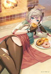 1girl asymmetrical_legwear atelier_(series) atelier_resleriana black_gloves black_pantyhose blanket blue_eyes braid breasts broken_horn clothing_cutout comiket_105 copyright_notice demon_horns doughnut eating feet_out_of_frame fire fireplace food gloves grey_hair head_rest highres hip_vent horns large_breasts looking_at_viewer lying official_art on_side pantyhose partially_fingerless_gloves pink_pupils plate second-party_source shirt solo tokki valeria_(atelier) white_shirt