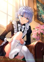 Rule 34 | 1girl, apron, ass, black dress, blue eyes, blush, bow, bowtie, braid, braided bun, brooch, buttons, chair, commentary request, day, double bun, dress, feet, flower, frilled apron, frills, garter straps, hair bun, head tilt, indoors, jewelry, juliet sleeves, knee up, light rays, long hair, long sleeves, looking at viewer, maid, maid apron, maid headdress, no shoes, original, parted lips, photo (object), picture frame, pink flower, pink rose, puffy sleeves, rose, sidelocks, silver hair, sitting, soles, solo, sunbeam, sunlight, tan (tangent), thighhighs, thighs, vase, victorian maid, white apron, white bow, white bowtie, white thighhighs, window