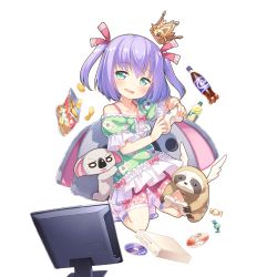 Rule 34 | 1girl, animal, animal print, aqua eyes, bike shorts, candy, cd, chips (food), controller, crown, floral print, food, game console, game controller, gamepad, koala, light purple hair, official art, open mouth, playing games, potato chips, rest and vacation, short hair, short sleeves, skirt, sloth (animal), soda bottle, solo, television, transparent background, two side up, uchi no hime-sama ga ichiban kawaii, wings