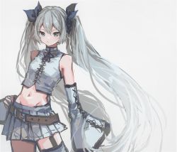 1girl, absurdres, aile d&#039;ange (module), aqua eyes, bare shoulders, belt, black bow, bow, contrapposto, cowboy shot, crop top, detached sleeves, grey hair, grey shirt, grey skirt, grey sleeves, hair bow, hand on hip, hatsune miku, highres, krlouvf, lace-up sleeves, lace-up top, long hair, looking at viewer, midriff, navel, project diva (series), shirt, single thighhigh, sketch, skirt, sleeveless, sleeveless shirt, solo, thighhighs, twintails, very long hair, vocaloid, white background, wide sleeves