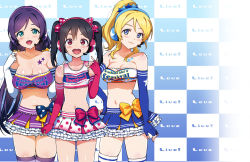 Rule 34 | 3girls, ayase eli, bare shoulders, black hair, blonde hair, blue eyes, boots, bow, breasts, checkered background, cheerleader, cleavage, collarbone, detached sleeves, frilled skirt, frills, gloves, green eyes, hair bow, hair ornament, headset, kneehighs, large breasts, long hair, love live!, love live! school idol project, low twintails, medium breasts, midriff, miniskirt, multiple girls, navel, ootomo takuji, open mouth, polka dot, polka dot skirt, ponytail, shoes, skirt, small breasts, sneakers, socks, star (symbol), star tattoo, striped, tattoo, thighhighs, tojo nozomi, twintails, uniform, wallpaper, yazawa nico, yellow bow