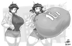 Rule 34 | 10-ton, 1girl, allanchorsaweigh, boku no hero academia, breast expansion, breasts, casual, covered erect nipples, gigantic breasts, highres, jacket, short hair, solo, thick thighs, thighs, wardrobe malfunction