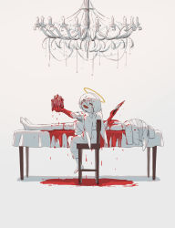 Rule 34 | 1boy, 1other, :d, absurdres, angel, angel wings, autopsy, autopsy table, avogado6, barefoot, blood, blood on hands, blood splatter, bloody weapon, chandelier, commentary request, corpse, from behind, guro, halo, heart, heart (organ), heart out of chest, highres, holding, holding heart, holding knife, holding organ, knife, looking at viewer, looking back, lying, on back, open mouth, orange eyes, original, pants, simple background, smile, table, weapon, white background, white hair, white pants, white wings, wings