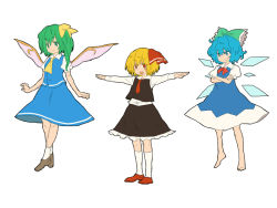 Rule 34 | barefoot, blonde hair, blue eyes, blue hair, bow, cirno, crossed arms, daiyousei, embodiment of scarlet devil, green eyes, green hair, hair bow, kneehighs, matsutani, outstretched arms, red eyes, rumia, short hair, side ponytail, socks, spread arms, touhou, wings