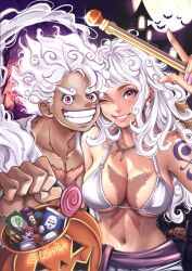 Rule 34 | 1boy, 1girl, breasts, candy, cleavage, cosplay, costume, fake scar, food, gear fifth, grin, halloween, halloween bucket, halloween costume, highres, large breasts, long hair, looking at viewer, medium hair, monkey d. luffy, monkey d. luffy (cosplay), nami (one piece), one eye closed, one piece, purple eyes, scar, scar on chest, shorts, smile, very long hair, white hair, white shorts, wink, zippi44
