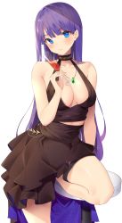Rule 34 | 1girl, absurdres, azur lane, bare shoulders, black dress, blue eyes, blush, breasts, cleavage, closed mouth, collarbone, cup, dress, drinking glass, essex (azur lane), essex (craft fairytail) (azur lane), fate/grand order, fate (series), highres, jewelry, jun (aousa0328), large breasts, long hair, looking at viewer, martha (fate), medium breasts, necklace, pendant, purple hair, simple background, smile, solo, stool, straight hair, thighs, white background