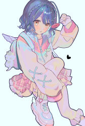 Rule 34 | 1girl, :o, absurdres, ahoge, amamiya kokoro, arm up, arrow through heart, backpack, bag, blue choker, blue hair, blush, braid, candy, choker, collarbone, commentary request, crown braid, food, foot out of frame, frilled skirt, frilled socks, frills, hair ornament, head tilt, heart, heart hair ornament, highres, holding, holding candy, holding food, holding lollipop, jacket, kitou saji, knee up, kneehighs, lollipop, long sleeves, looking at viewer, multicolored clothes, multicolored hair, multicolored jacket, nijisanji, official alternate costume, open mouth, partially unzipped, pink hair, pink jacket, pink shirt, pink skirt, plaid, plaid skirt, pleated skirt, shirt, shoes, short hair, simple background, skirt, sneakers, socks, solo, streaked hair, swirl lollipop, upturned eyes, virtual youtuber, wavy hair, white background, white jacket, winged bag, winged footwear, x hair ornament, yellow eyes, zipper, zipper pull tab