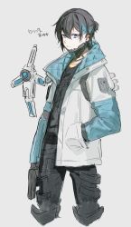Rule 34 | 1boy, apex legends, black hair, black pants, black shirt, blue eyes, blue hair, closed mouth, coat, cosplay, cropped legs, crypto (apex legends), crypto (apex legends) (cosplay), drone, grey background, gun, hack (apex legends), hand in pocket, handgun, highres, holding, holding gun, holding weapon, long sleeves, looking at viewer, male focus, mayuzumi kai, morimori chikka, multicolored hair, nijisanji, open clothes, open coat, pants, shirt, short hair, simple background, sketch, solo, trait connection, two-tone hair, virtual youtuber, weapon, white coat