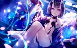 Rule 34 | 1girl, barefoot, breasts, bug, butterfly, cup, fate/grand order, fate (series), food, fruit, full moon, glowing, grapes, horns, insect, japanese clothes, looking at viewer, md5 mismatch, moon, oni, open clothes, petals, purple eyes, purple hair, resolution mismatch, revealing clothes, sakazuki, short hair, shuten douji (fate), shuten douji (first ascension) (fate), sitting, skin-covered horns, small breasts, solo, source smaller, torii, yan (nicknikg)