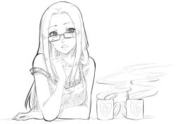 Rule 34 | 1girl, atlus, bare shoulders, cup, drawfag, fushimi chihiro, glasses, greyscale, long hair, monochrome, mug, nightgown, off shoulder, persona, persona 3, solo, steam