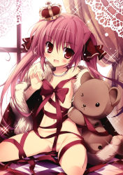 Rule 34 | 1girl, :&lt;, :d, absurdres, blush, bow, censored, checkered floor, convenient censoring, crown, curtains, flat chest, floor, fur, hair bow, highres, jewelry, karory, long hair, looking at viewer, naked ribbon, navel, necklace, nude, one eye closed, open mouth, original, pearl necklace, pink hair, red eyes, ribbon, sitting, smile, solo, stuffed animal, stuffed toy, teddy bear, twintails, wariza, window, wink