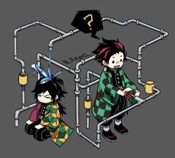 Rule 34 | 2boys, = =, ?, chibi, commentary, grey background, highres, industrial pipe, isometric, japanese clothes, kamado tanjirou, kimetsu no yaiba, long hair, male focus, multiple boys, no mouth, open mouth, patient zero, ponytail, seiza, simple background, sitting, smile, solid circle eyes, spoken question mark, symbol-only commentary, tomioka giyuu, twitter username, valve, water