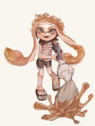Rule 34 | 1girl, bike shorts, brown eyes, brown hair, commentary request, holding, holding weapon, inkbrush (splatoon), inkling, inkling girl, inkling player character, long hair, nintendo, open mouth, panchicchi (pixiv 101958735), pointy ears, sandals, shirt, simple background, smile, solo, splatoon (series), splatoon 3, standing, standing on one leg, striped clothes, striped shirt, teeth, tentacle hair, upper teeth only, weapon, white background