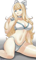 Rule 34 | 1girl, artist name, bikini, blonde hair, blue eyes, breasts, charlotte (fire emblem), cleavage, condom, condom wrapper, fire emblem, hair ribbon, highres, large breasts, legs, long hair, looking at viewer, navel, nintendo, ribbon, saltycookie, sitting, solo, swimsuit, thighs, tongue, tongue out