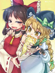 Rule 34 | 2girls, anger vein, annoyed, apron, black eyes, black gloves, black hair, black hat, blonde hair, bow, braid, commentary request, detached sleeves, eating, fingerless gloves, food, gloves, green bow, hair bow, hair tubes, hakurei reimu, hand on another&#039;s shoulder, hat, hat bow, highres, holding, holding food, ifelt (tamaki zutama), kirisame marisa, multiple girls, open mouth, red bow, red skirt, ribbon-trimmed sleeves, ribbon trim, side braid, skirt, skirt set, touhou, twitter username, waist apron, witch hat, yellow background, yellow eyes