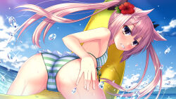 Rule 34 | 1girl, animal ears, ass, banana boat, bikini, blush, commentary request, flat chest, flower, green bikini, grin, hair flower, hair ornament, hand on own ass, kmcgold30, looking at viewer, mashiko kaoru, outdoors, red flower, sky, smile, solo, striped bikini, striped clothes, swimsuit, toji no miko, twintails, water, water drop, wet, yellow eyes