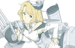 Rule 34 | 1girl, blonde hair, breasts, detached collar, hand on own hip, hat, headgear, holding, houston (kancolle), kantai collection, large breasts, long sleeves, looking at viewer, machinery, medium hair, ninimo nimo, rigging, simple background, skirt, smile, solo, white background, white hat, white skirt, yellow eyes