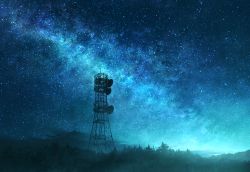 Rule 34 | blue theme, commentary request, forest, milky way, mks, monochrome, nature, night, night sky, no humans, original, outdoors, scenery, sky, star (sky), starry sky