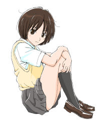 Rule 34 | 1girl, amagami, black skirt, black socks, blush, bob cut, brown eyes, brown footwear, brown hair, commentary, expressionless, fetal position, from side, hair strand, hand on own arm, hand on own leg, highres, hugging own legs, kibito high school uniform, kyonsam321go, loafers, looking at viewer, looking to the side, messy hair, on ground, pleated skirt, school uniform, shirt, shoes, short hair, short sleeves, simple background, sitting, sketch, skirt, socks, solo, sweater vest, tachibana miya, white background, white shirt, yellow sweater vest
