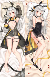 Rule 34 | 1girl, alternate costume, animal ears, arknights, ass, bare legs, bare shoulders, barefoot, black choker, black dress, black footwear, black gloves, black ribbon, blush, breasts, breasts out, brown dress, choker, cleft of venus, clothes lift, clothes pull, dakimakura (medium), detached sleeves, dress, dress lift, dress pull, eyebrows hidden by hair, floral print, from above, full body, gloves, gluteal fold, hair ribbon, highres, kurisu-kun, lifting own clothes, long hair, long sleeves, looking at viewer, looking away, looking up, low-tied long hair, low ponytail, lying, multiple views, no panties, on back, on bed, on side, panties, panty pull, parted lips, partially unzipped, petals, pillow, print dress, pussy, red eyes, ribbon, rose print, see-through, short dress, silver hair, single glove, skindentation, skirt hold, sleeveless, sleeveless dress, small breasts, tail, thigh strap, twirling hair, underwear, very long hair, weedy (arknights), wristband