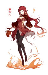 Rule 34 | 1girl, absurdres, black pantyhose, breasts, chinese clothes, earrings, fire, floating, genshin impact, hanfu, highres, indarias (genshin impact), jewelry, long hair, looking at viewer, pantyhose, purple eyes, red hair, simple background, smile, solo, white background, yajuu