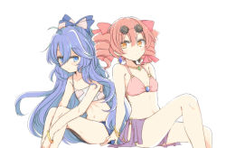 Rule 34 | 2girls, aoi (annbi), bangle, bare arms, bare shoulders, bikini, bikini top only, blue bow, blue eyes, blue hair, bow, bracelet, breasts, commentary request, drill hair, earrings, eyewear on head, hair between eyes, hair bow, jewelry, knee up, long hair, looking at viewer, multiple girls, multiple hair bows, necklace, o-ring, o-ring bikini, o-ring top, orange eyes, pink bikini, pink hair, red bow, sarong, siblings, simple background, sisters, sitting, sketch, small breasts, sunglasses, swimsuit, touhou, twin drills, very long hair, wavy hair, white background, yorigami jo&#039;on, yorigami shion