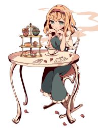 Rule 34 | 1girl, alice margatroid, blonde hair, blue dress, blue eyes, blush stickers, boots, brown footwear, capelet, card, closed mouth, cup, dress, food, frilled dress, frills, hair between eyes, hairband, highres, lolita hairband, nako7575ko, red hairband, short hair, simple background, sitting, smile, solo, touhou, white background, white capelet