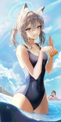 Rule 34 | 2girls, absurdres, ahoge, animal ear fluff, animal ears, bad id, bad twitter id, bare arms, bare shoulders, black hair, blue archive, blue eyes, blue one-piece swimsuit, bottle, breasts, cleavage, covered navel, day, extra ears, grey hair, grin, hair ornament, hairclip, halo, highres, holding, innertube, jaduade, long hair, looking at viewer, medium breasts, mismatched pupils, multiple girls, one-piece swimsuit, outdoors, ponytail, serika (blue archive), serika (swimsuit) (blue archive), shiroko (blue archive), shiroko (swimsuit) (blue archive), smile, swim ring, swimsuit, twintails, wading, water, wet, x hair ornament