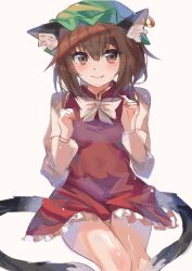 Rule 34 | 1girl, animal ear fluff, animal ears, bare legs, bloom, blush, bow, bowtie, brown eyes, brown hair, cat ears, cat tail, chen, closed mouth, commentary request, dress, earrings, fang, fang out, feet out of frame, fingernails, frills, green hat, hair between eyes, hands up, hat, highres, jewelry, legs together, light smile, long sleeves, looking at viewer, medium hair, mob cap, multiple tails, nail polish, nekomata, petticoat, puffy long sleeves, puffy sleeves, red dress, red nails, sharp fingernails, simple background, single earring, sitting, solo, tail, touhou, two tails, user ptvs3537, white background, white bow, white bowtie