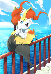 Rule 34 | 1girl, :3, absurdres, alternate eye color, animal ear fluff, animal ears, animal hands, animal nose, artist name, black fur, blue background, blue eyes, blue sky, body fur, braixen, cloud, creatures (company), dated, day, deviantart username, eryz, fang, female focus, flat chest, folding fan, fox ears, fox girl, fox tail, full body, furry, furry female, game freak, gen 6 pokemon, hand fan, hand up, happy, highres, horizon, legs together, looking at viewer, nintendo, ocean, on railing, open mouth, outdoors, pokemon, pokemon (creature), railing, signature, sitting, sky, smile, snout, solo, tail, thick thighs, thighs, twitter username, water, watermark, white fur, wind, yellow fur