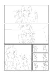 Rule 34 | 10s, 4girls, :d, ^ ^, bow, clipboard, closed eyes, comic, crossed arms, female focus, greyscale, hair bow, hair flaps, hair ornament, hair ribbon, hairband, heart, highres, kantai collection, lineart, long hair, mikeco, monochrome, multiple girls, open mouth, pointing, pointing at self, pointing finger, pointing forward, ponytail, ribbon, samidare (kancolle), scarf, school uniform, serafuku, short sleeves, side ponytail, silent comic, skirt, smile, swept bangs, tank top, uniform, upper body, very long hair, white background, yura (kancolle), yuubari (kancolle), yuudachi (kancolle)
