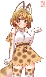 Rule 34 | 10s, 1girl, animal ears, bow, bowtie, brown eyes, brown hair, cosplay, cowboy shot, dated, elbow gloves, gloves, high-waist skirt, highres, kanon (kurogane knights), kantai collection, kemono friends, logo, oboro (kancolle), print gloves, serval (kemono friends), serval (kemono friends) (cosplay), serval print, serval tail, shirt, short hair, simple background, skirt, sleeveless, sleeveless shirt, solo, standing, striped tail, tail, white background