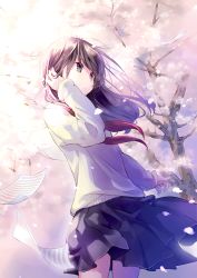 Rule 34 | 1girl, black skirt, brown hair, cherry blossoms, closed mouth, commentary request, cowboy shot, day, flower, green eyes, grey sweater, kuga tsukasa, long hair, long sleeves, looking away, neckerchief, original, outdoors, paper, petals, pink flower, pleated skirt, red neckerchief, school uniform, serafuku, sheet music, skirt, sleeves past wrists, solo, sweater, tree, window