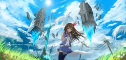 Rule 34 | 1girl, artist name, bird, blue eyes, blue skirt, blue sky, blue thighhighs, brown hair, cloud, cloudy sky, copyright name, drago39r, floating, floating object, grass, hair ornament, highres, hololive, hololive alternative, looking at viewer, outdoors, pillar, planted, planted sword, planted weapon, skirt, sky, sleeveless, smile, solo, star (symbol), star hair ornament, sword, thighhighs, tokino sora, tokino sora (1st costume), utility pole, virtual youtuber, weapon