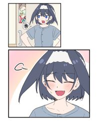 Rule 34 | 2koma, 4girls, 9am9am9am, puff of air, bed, black hair, blue eyes, blush, brown hair, ceres fauna, closed eyes, comic, door, fang, green hair, hakos baelz, headband, highres, hololive, hololive english, hospital bed, indoors, multiple girls, nanashi mumei, open mouth, ouro kronii, parted bangs, red hair, sigh, silent comic, smile, spoken squiggle, squiggle, tearing up, virtual youtuber
