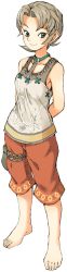 Rule 34 | 1girl, arms behind back, barefoot, brown hair, capri pants, feet, full body, green eyes, highres, ilia, long image, nintendo, oyatsu (mk2), pants, pouch, short hair, simple background, smile, solo, tall image, the legend of zelda, the legend of zelda: twilight princess, thigh pouch, toenails, toes