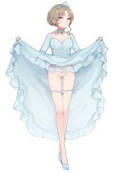 Rule 34 | 1girl, absurdres, bare legs, blue choker, blue dress, blue eyes, blue footwear, blue panties, blush, brown hair, choker, cinderella, cinderella (grimm), cleft of venus, closed mouth, clothes lift, commentary request, commission, dress, dress lift, embarrassed, frilled dress, frills, full body, garan co, hair bun, highres, lifting own clothes, looking at viewer, panties, panty pull, pussy, simple background, single hair bun, skeb commission, solo, standing, sweatdrop, tiara, uncensored, underwear, white background