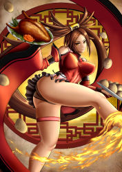 Rule 34 | 1girl, artist request, ass, bare shoulders, breasts, brown eyes, brown hair, chinese clothes, detached sleeves, fire, food, guilty gear, guilty gear xrd, guilty gear xrd: revelator, hair ornament, hairclip, highres, kicking, kuradoberi jam, large breasts, long hair, looking at viewer, miniskirt, panties, shiny clothes, shiny skin, skirt, smile, solo, underwear, upskirt, very long hair