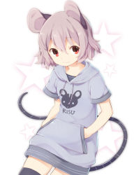 Rule 34 | 1girl, akagashi hagane, alternate costume, animal ears, black thighhighs, clothes writing, contemporary, grey hair, hands in pocket, hands in pockets, hood, hoodie, mouse (animal), mouse ears, mouse tail, nazrin, red eyes, romaji text, short hair, short sleeves, simple background, smile, solo, star (symbol), tail, thighhighs, touhou, zettai ryouiki